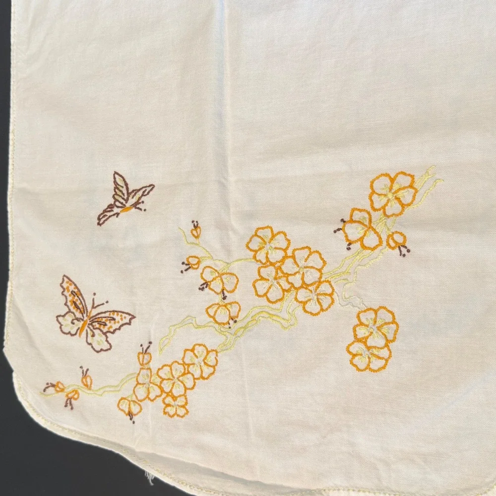 Vintage Embroidered Table Runner Beige Linen Yellow Floral Butterfly 36x15.5